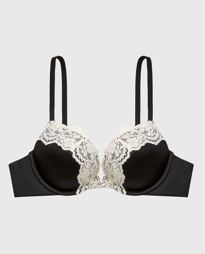 Push Up Plunge Bra with Timeless Lace Trim in Tuxedo Black