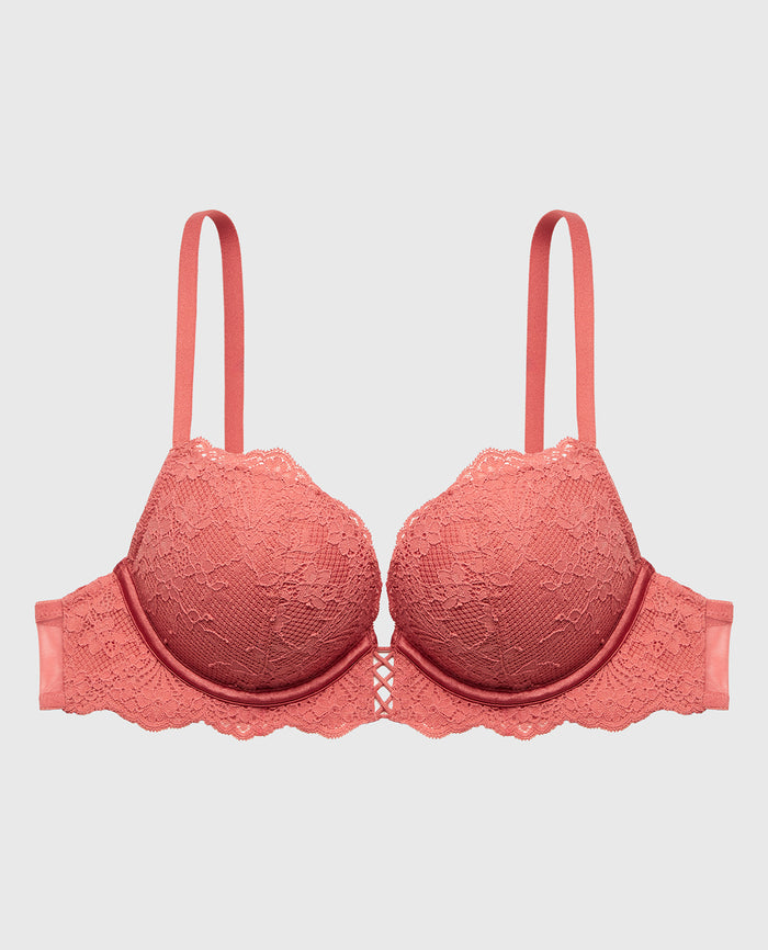Push Up Plunge Bra with Timeless Lace Up Detail in Faded Rose