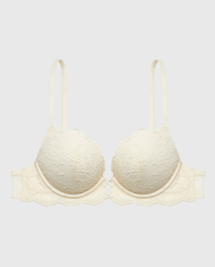 Push Up Plunge Bra with Timeless Lace Up Detail in Pearled Ivory