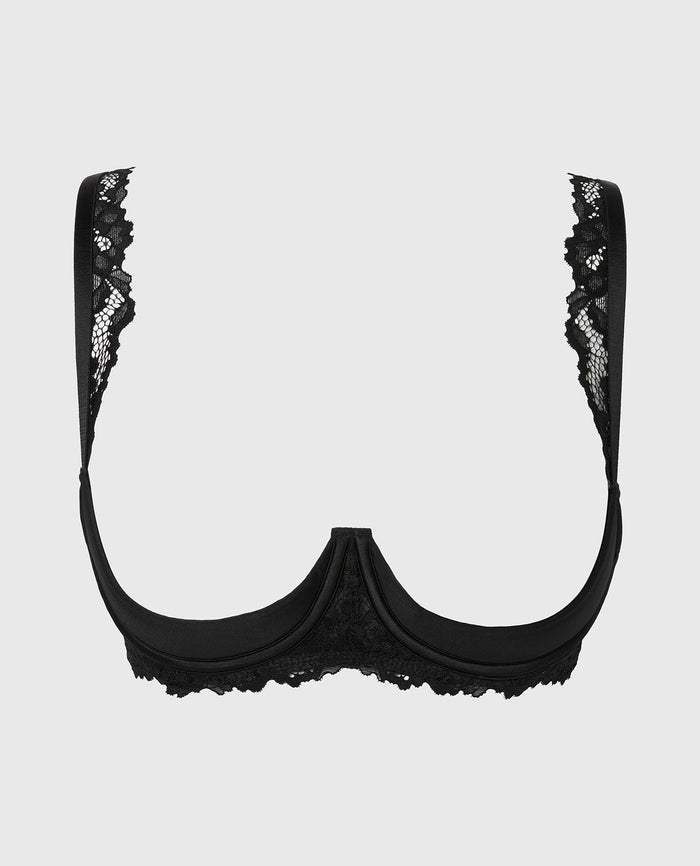 Quarter Cup Balconette Bra with Romantic Lace Wing in Tuxedo Black