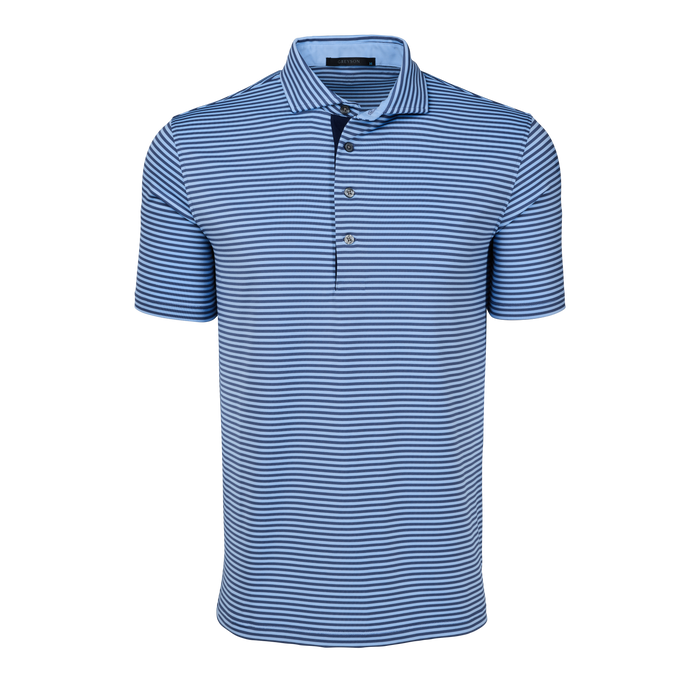 Greyson Clothiers Quogue Short Sleeve Polo in Wolf Blue/Arctic stripe - Front View | Greyson Clothiers