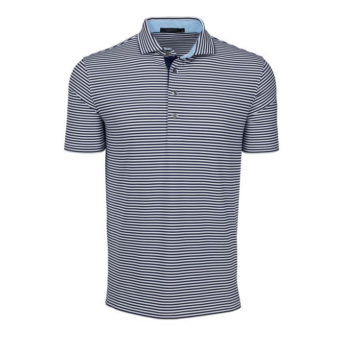 Greyson Clothiers Quogue Short Sleeve Polo in Arctic/Nightshade stripe - Front View | Greyson Clothiers