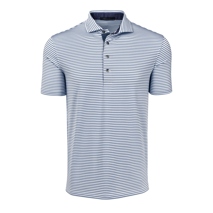 Greyson Clothiers Quogue Short Sleeve Polo in Arctic/Maltese Blue stripe - Front View | Greyson Clothiers