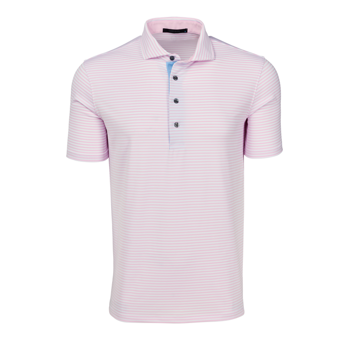 Greyson Clothiers Quogue Short Sleeve Polo in Sunrise/Arctic stripe - Front View | Greyson Clothiers