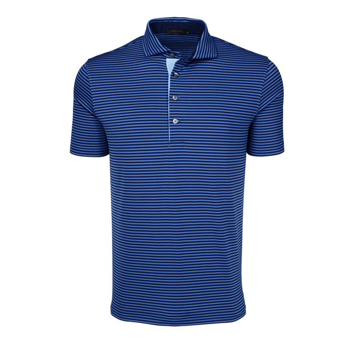 Greyson Clothiers Quogue Short Sleeve Polo in Falcon/Wolf Blue stripe - Front View | Greyson Clothiers