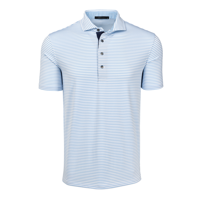 Greyson Clothiers Quogue Short Sleeve Polo in Arctic/Falcon stripe - Front View | Greyson Clothiers