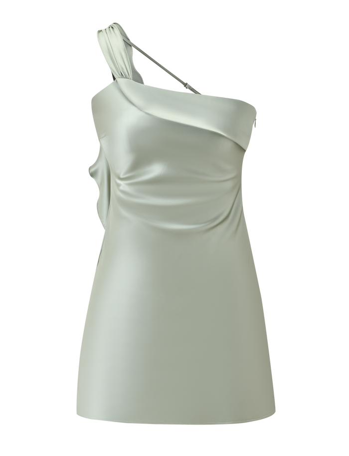 The RAINEY MINI DRESS in Pistachio by TIGERMIST is a pastel green, one-shoulder satin mini dress with a smooth draped finish and an asymmetric silhouette, featuring elegant waterfall ruffle details across the chest and side.