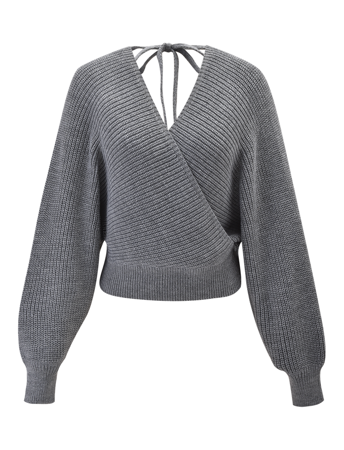 The TIGERMIST RAVEN JUMPER - GREY features a faux wrap style, ribbed knit, long bell sleeves, deep V-neck, neck tie-back detail, and a fitted waistband for a chic modern look.
