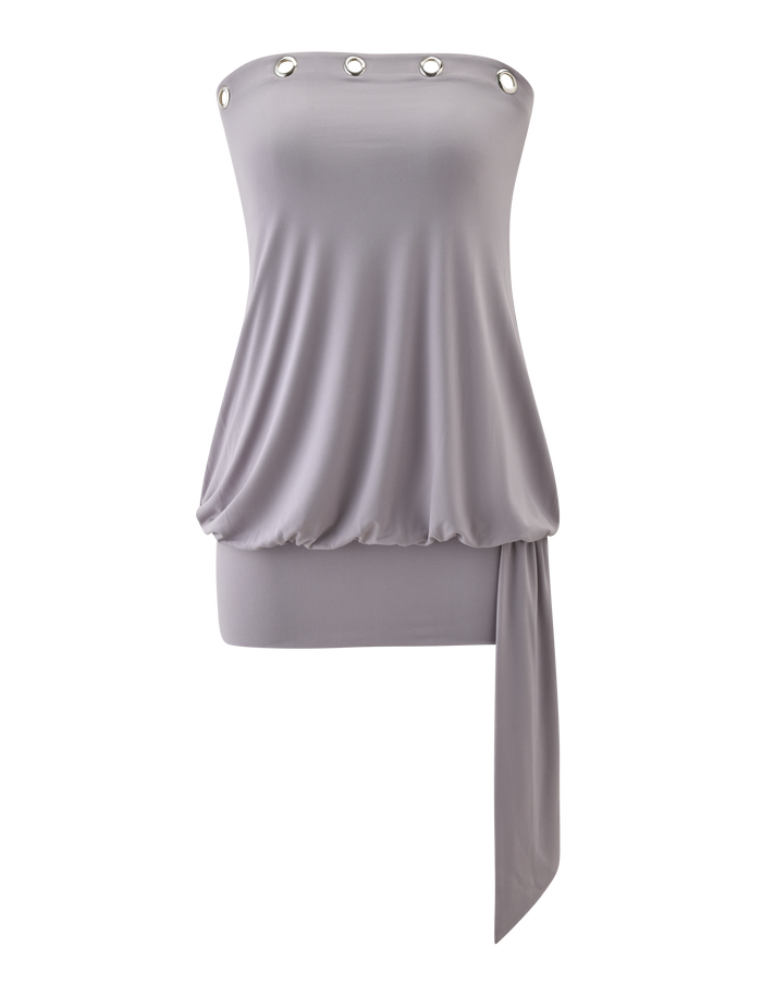 The RAVENNA MINI DRESS by TIGERMIST features a strapless cool slate design with silver eyelet trim at the neckline and an asymmetrical draped fabric detail on the right side.