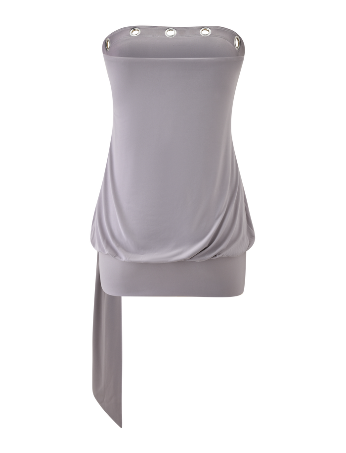 The TIGERMIST RAVENNA MINI DRESS in Cool Slate is a strapless mini dress featuring silver eyelet trim at the neckline, draped hem detailing, and an asymmetric long sash on one side.