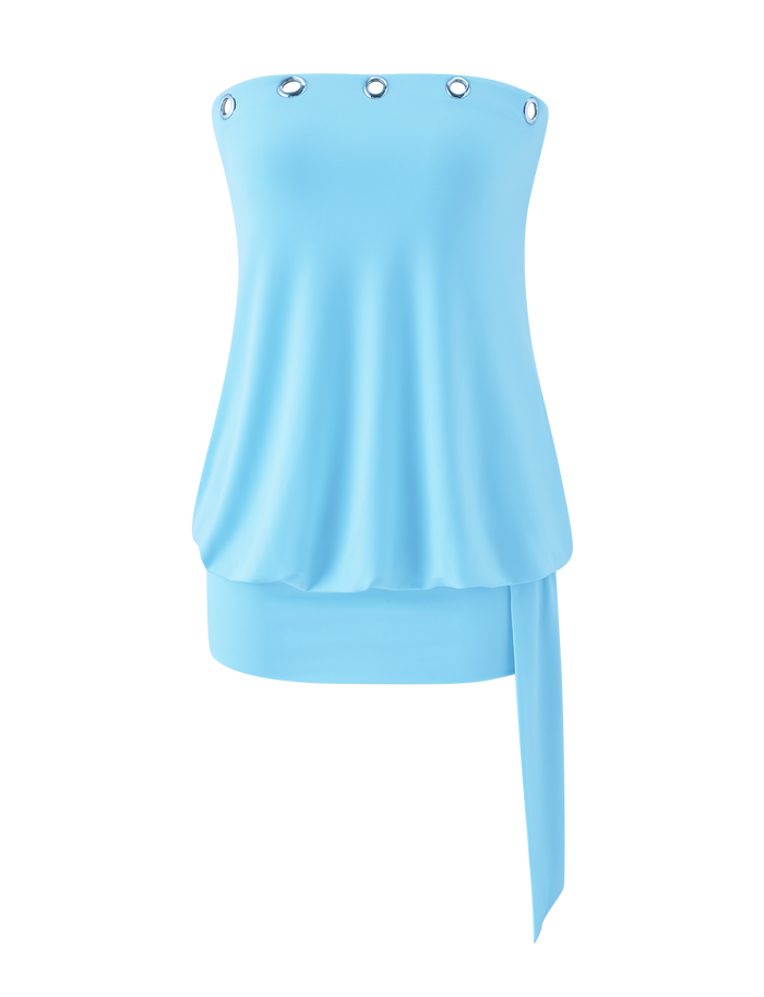 The RAVENNA MINI DRESS in sky blue by TIGERMIST features a strapless, loose draped fit, silver eyelet accents at the neckline, a wide hem band with long side tie, and is shown on a plain white background.