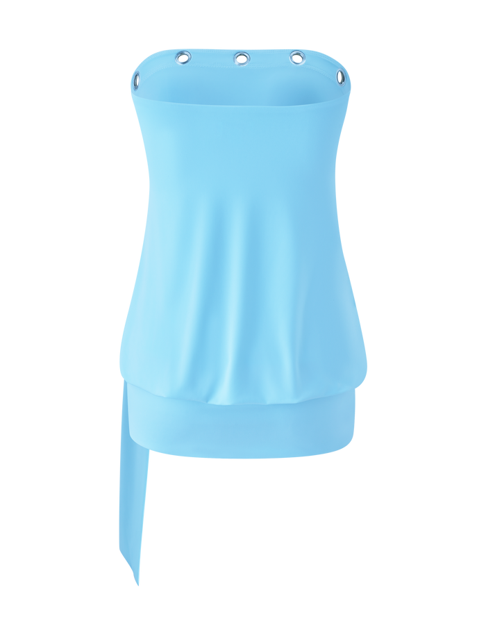 The RAVENNA MINI DRESS in sky blue from TIGERMIST features a strapless, bodycon design with silver grommets on the top edge, an asymmetrical sash at the hem, and soft, slightly stretchy fabric for a playful drop waist look.