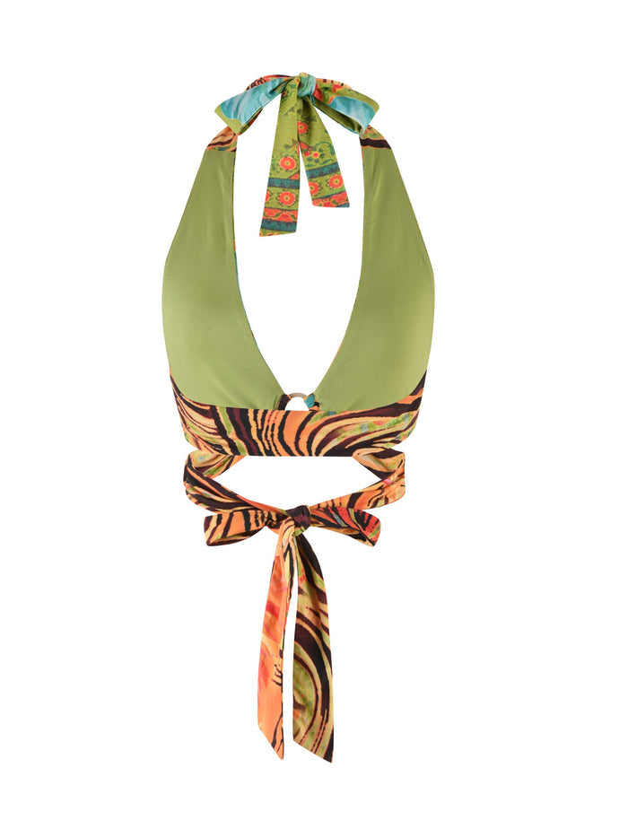 The RAYLEE TOP - MULTI: FLORAL: TROPICAL FLORAL by TIGERMIST is a stylish bikini top featuring a green halter neck with a colorful tie at the back and a tropical print. The design includes an underbust band that wraps around and ties at the front, showcasing a mix of vibrant floral and zebra patterns.