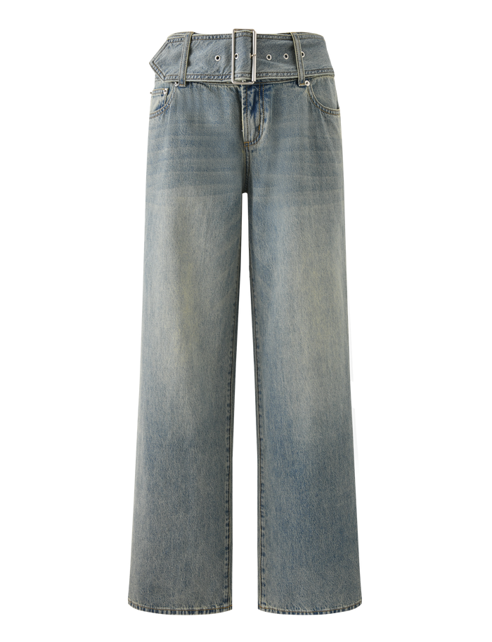 The REEF JEAN - LIGHTWASH by TIGERMIST features a high waist, wide-leg fit, matching denim belt with metallic grommets, vintage wash, and front pockets for a relaxed look.