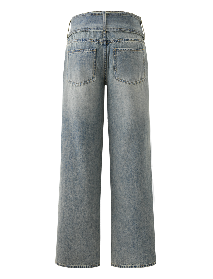 Back view of TIGERMIST REEF JEAN - LIGHTWASH: relaxed-fit, wide-leg cropped blue jeans with two back pockets and visible stitching, shown on a plain white background.