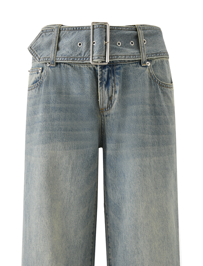 TIGERMIST's REEF JEAN - LIGHTWASH: Light blue high-waisted boyfriend jeans with a matching denim belt, wide belt loops, relaxed fit, straight leg cut, and a slightly faded wash.