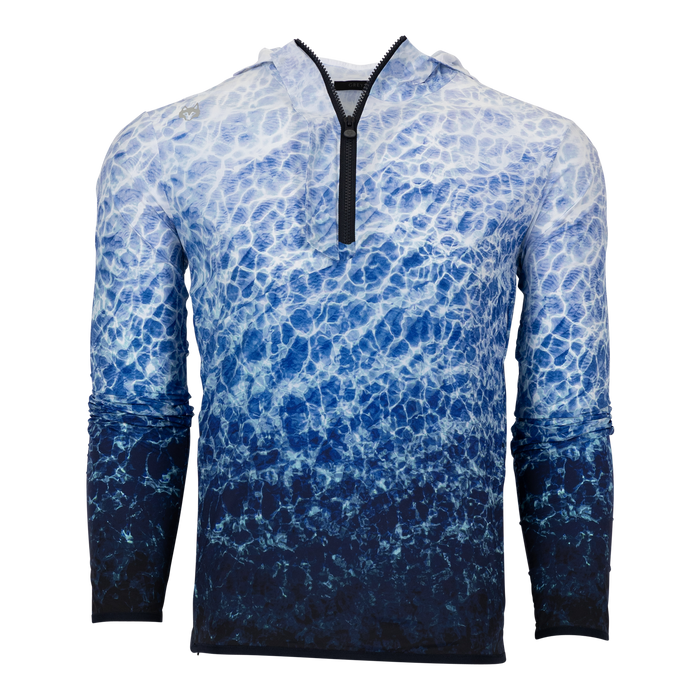 Greyson Clothiers Reflections Newago Pac Lite Jacket in Canal - Front View, Quarter-Zip Scuba Hood