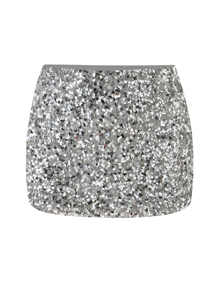 The TIGERMIST REILYNN MINI SKIRT in silver features sparkling sequins, making it the perfect night out skirt. Displayed against a plain white background.