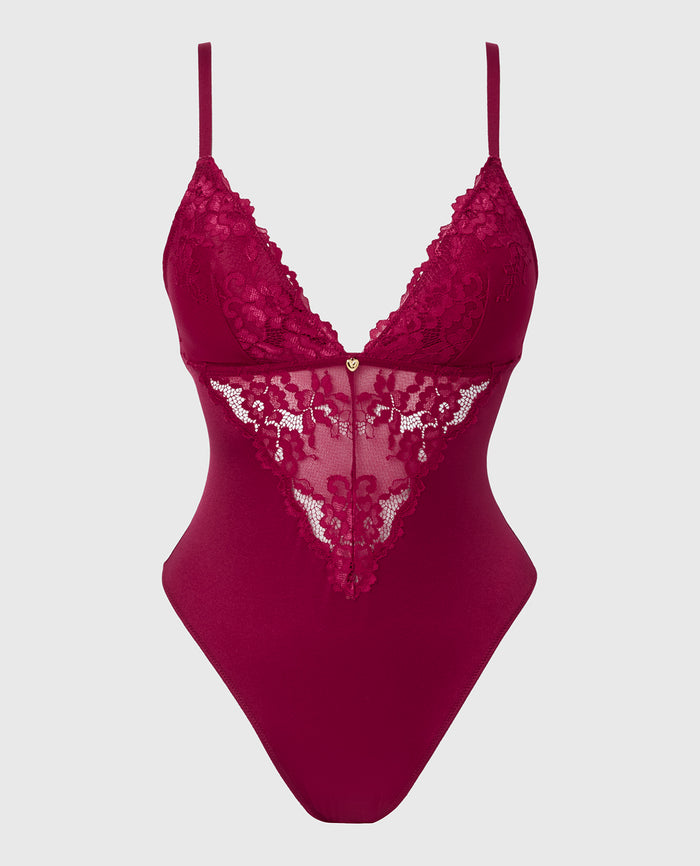 Removable Pad Bodysuit with Romantic lace and Microfiber in Plum Rose
