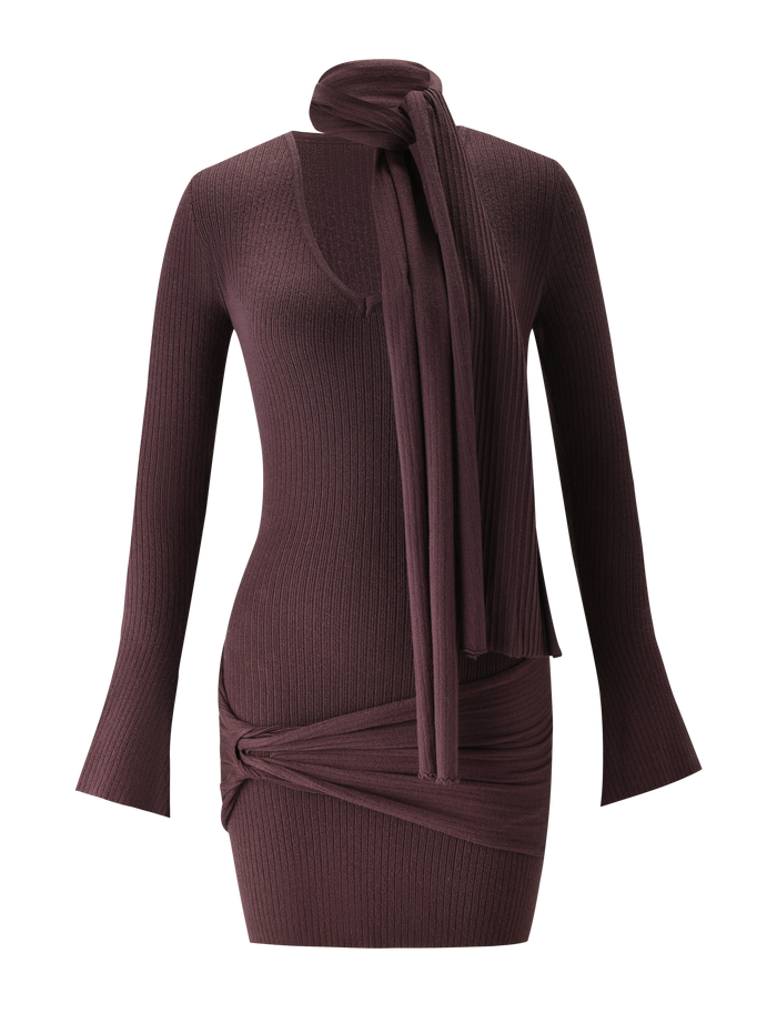 The RENNER MINI DRESS by TIGERMIST is a chocolate long sleeve sweater dress with ribbed knit fabric, an attached matching scarf, and an asymmetric ruched skirt hem.