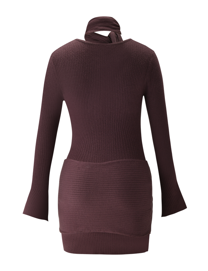 The TIGERMIST RENNER MINI DRESS in chocolate, shown from the back, features ribbed-knit fabric, a high neck with tie detail, and a fitted silhouette—offering both style and comfort for any occasion.