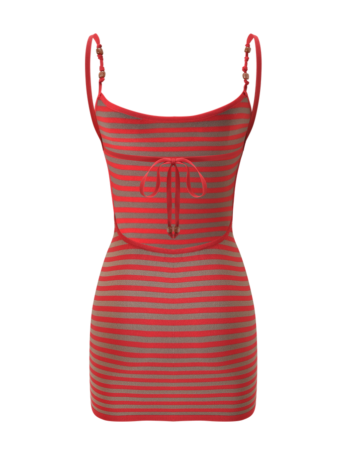 The TIGERMIST REVERIE KNIT BEADED MINI DRESS - RED MUSHROOM STRIPE is a sleeveless, fitted mini dress with red and gray stripes, thin beaded singlet straps, an adjustable bust tie, and charming decorative beads.
