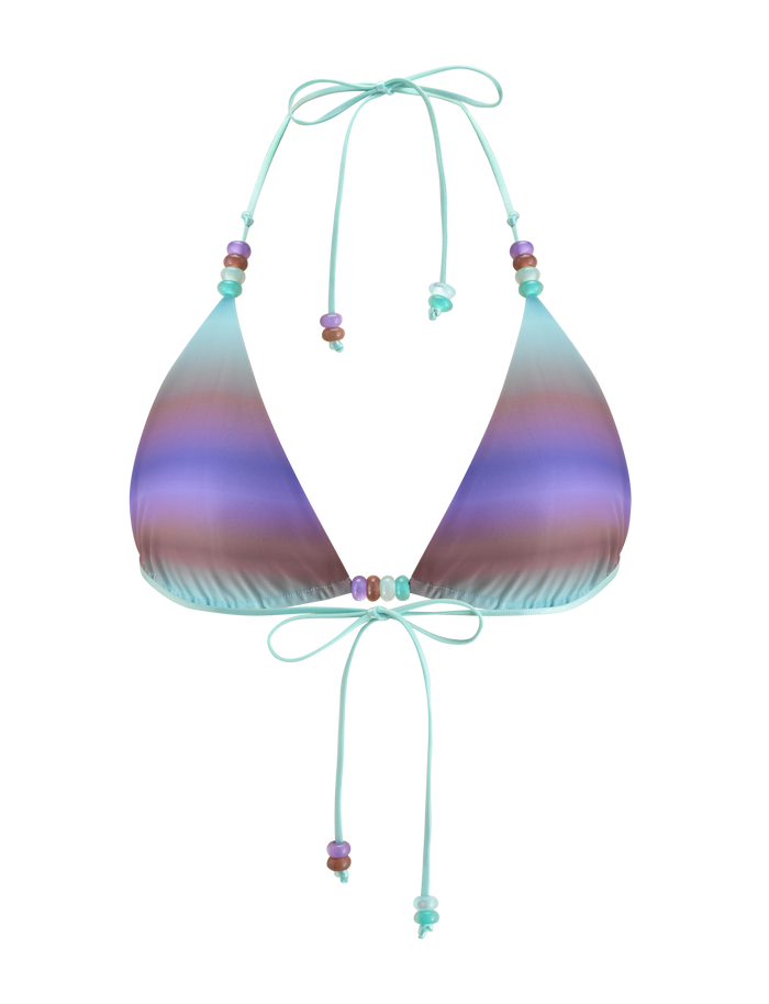 The REVERSIBLE FINLEA BIKINI TOP - MERMAID OMBRE STRIPE by TIGERMIST features a multicolor ombre gradient in blue, purple, and brown with triangle cups, halter neck and back ties, and colorful beaded accents on the strings.
