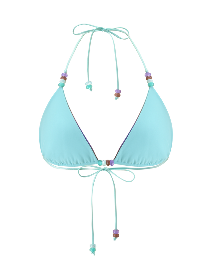 The TIGERMIST REVERSIBLE FINLEA BIKINI TOP in Mermaid Ombre Stripe features a light blue triangle design with colorful bead accents on the neck and chest ties, shown against a plain white background.
