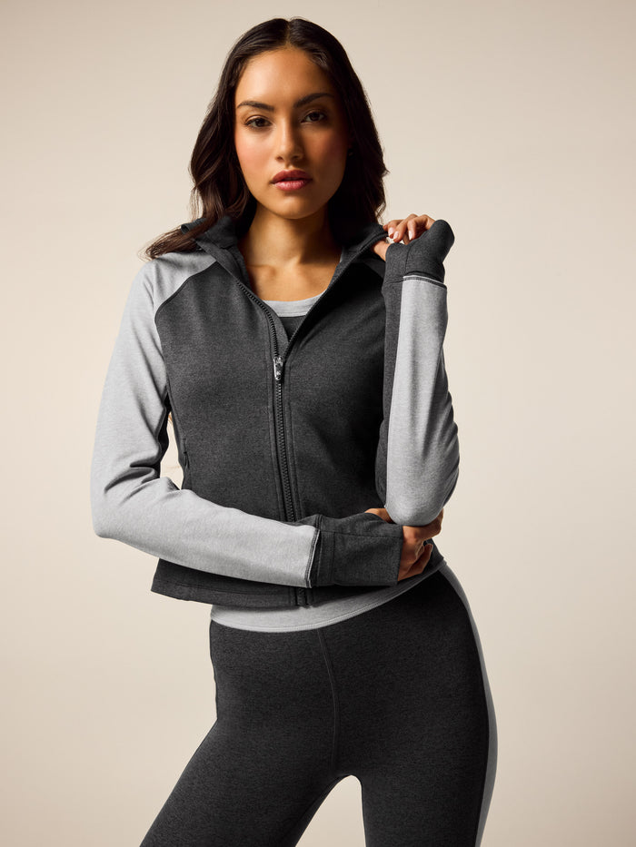 Rhinebeck Color Block Full-Zip Jacket Dark Grey Heather - Front View On Model | Greyson Clothiers