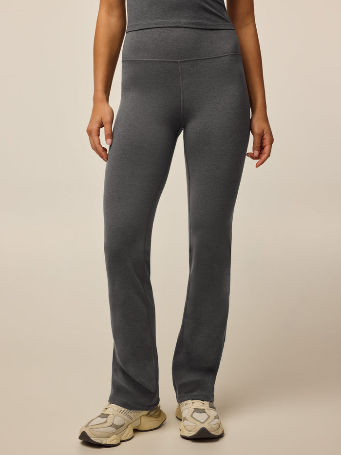 Smoke Heather Rhinebeck Flare Pant - High-Waist Band Detail, Front Crop View | Greyson Clothiers