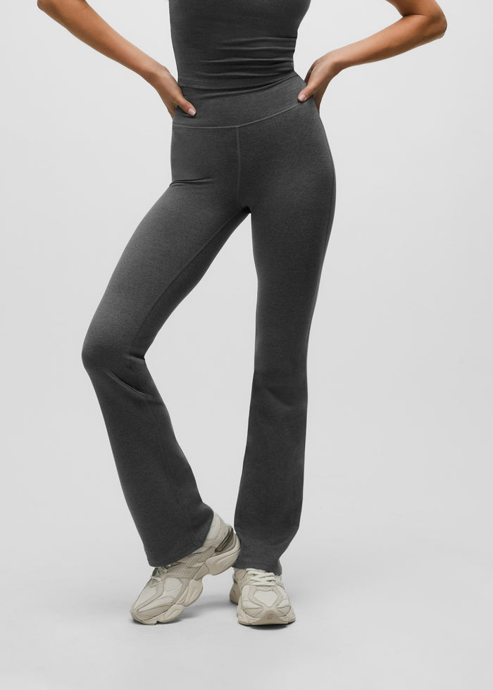 Smoke Heather Rhinebeck Flare Pant - Side Angle, High-Rise Waistband On Model | Greyson Clothiers