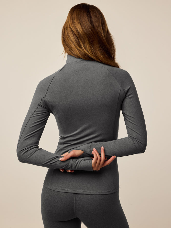 Smoke Heather Rhinebeck Full-Zip Jacket - Back View Showing Thumbhole Cuffs On Model | Greyson Clothiers
