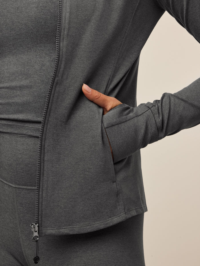 Smoke Heather Rhinebeck Jacket - Side Zipper Pocket Detail with Thumbhole Cuff Close-Up | Greyson Clothiers