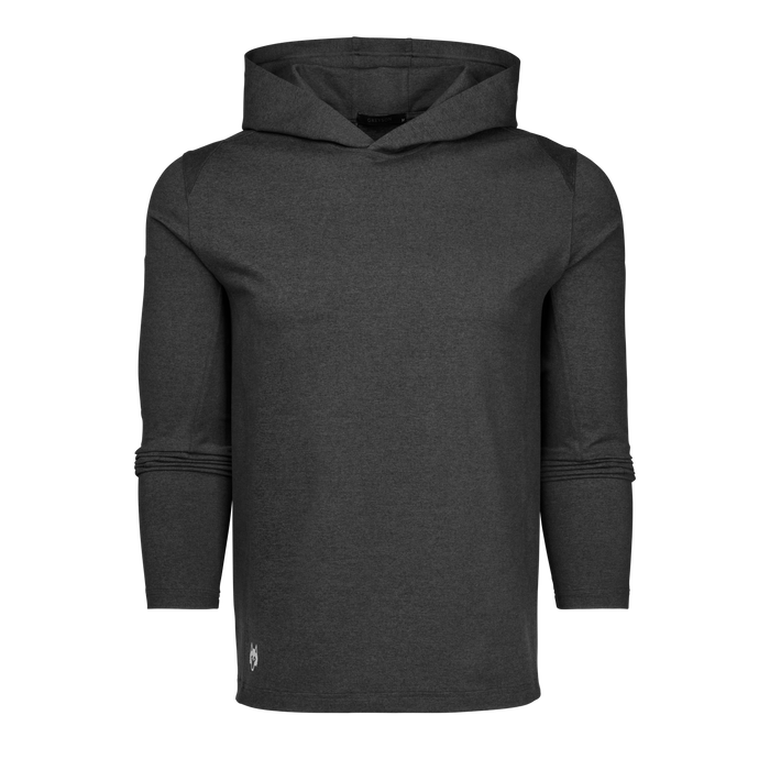 Dark Grey Heather Rhinebeck Hoodie - Front View, Wolf Logo Detail | Greyson Clothiers