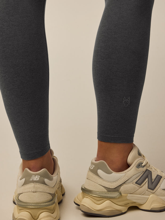 Smoke Heather Rhinebeck Legging - Wolf Logo Ankle Detail Close-Up | Greyson Clothiers
