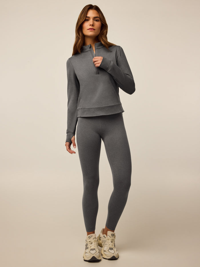 Smoke Heather Women's Rhinebeck Quarter-Zip Full Body On Model with Matching Leggings | Greyson Clothiers