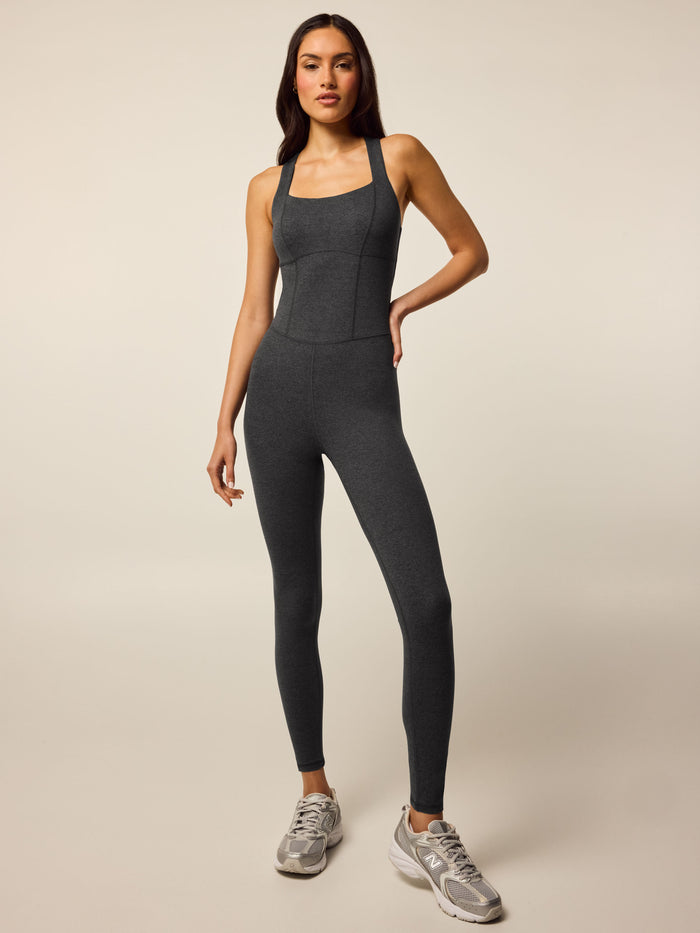 Dark Grey Heather Rhinebeck Tika Bodysuit - Front View, Square Neckline & Corset Seaming | Greyson Clothiers
