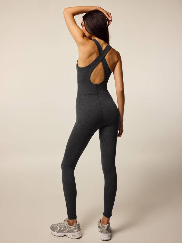 Dark Grey Heather Rhinebeck Tika Bodysuit - Back View, Open Back & Cross-Strap Detail | Greyson Clothiers