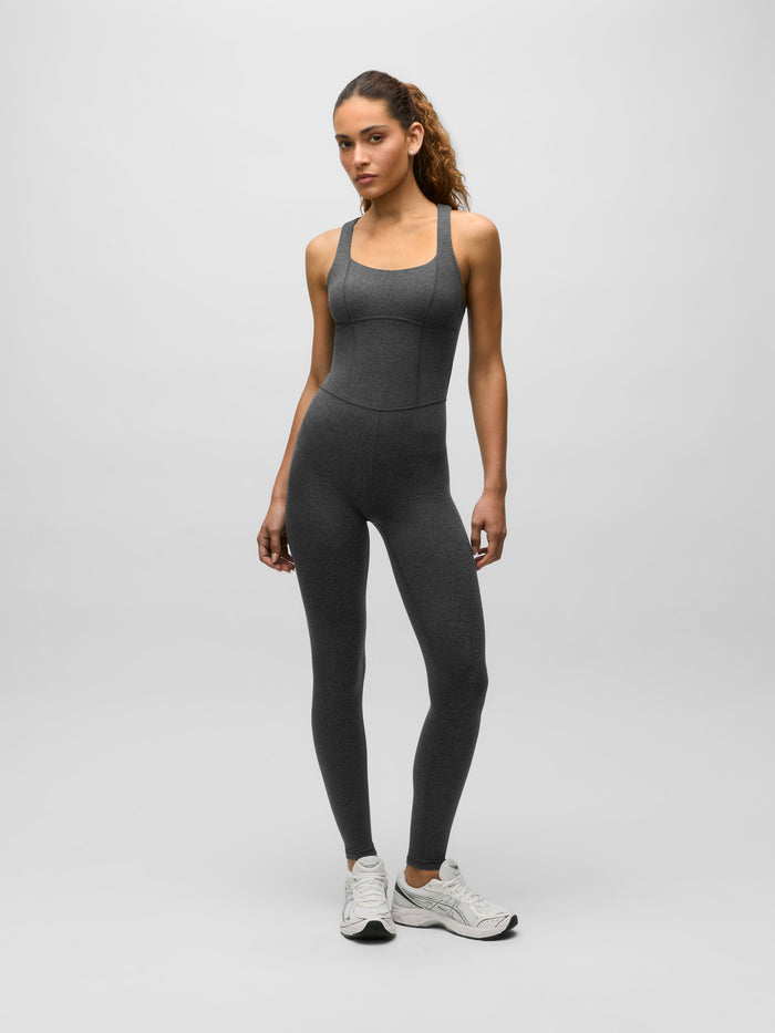 Dark Grey Heather Rhinebeck Tika Bodysuit - Full-Length Front, Women's Performance Activewear Jumpsuit | Greyson Clothiers