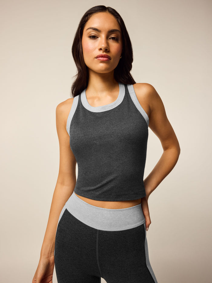 Dark Grey Heather Rhinebeck Two Tone Tank - Front View, High Neckline & Contrast Trim | Greyson Clothiers
