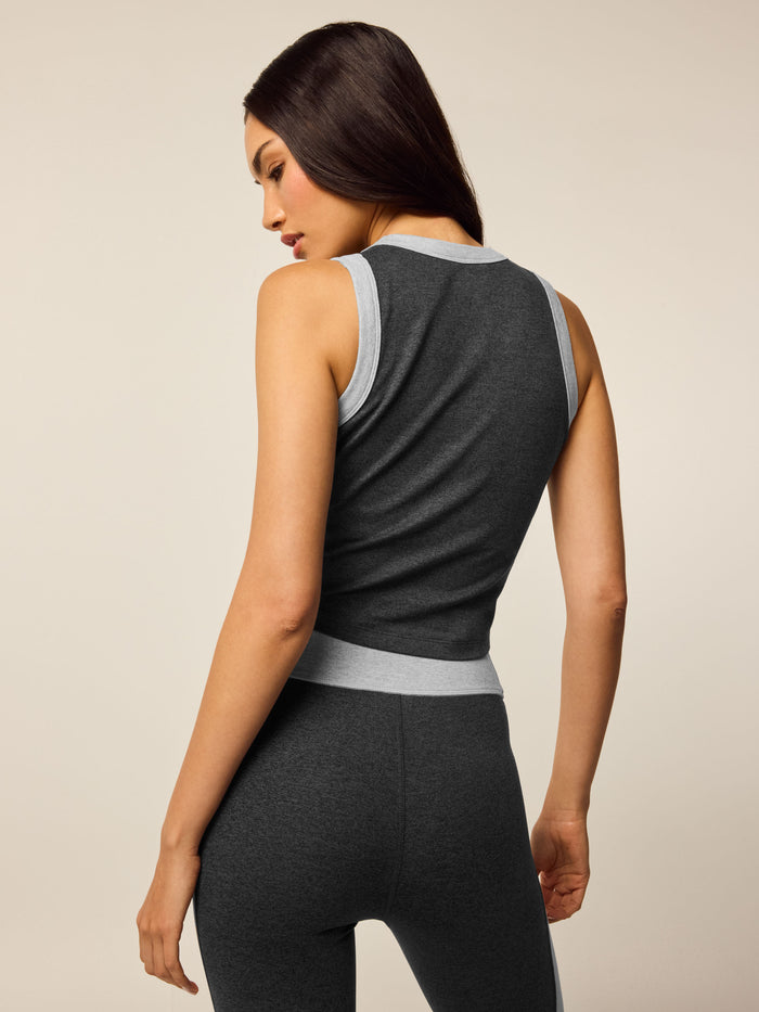 Dark Grey Heather Rhinebeck Two Tone Tank - Back View, Racerback Detail & Contrast Trim | Greyson Clothiers