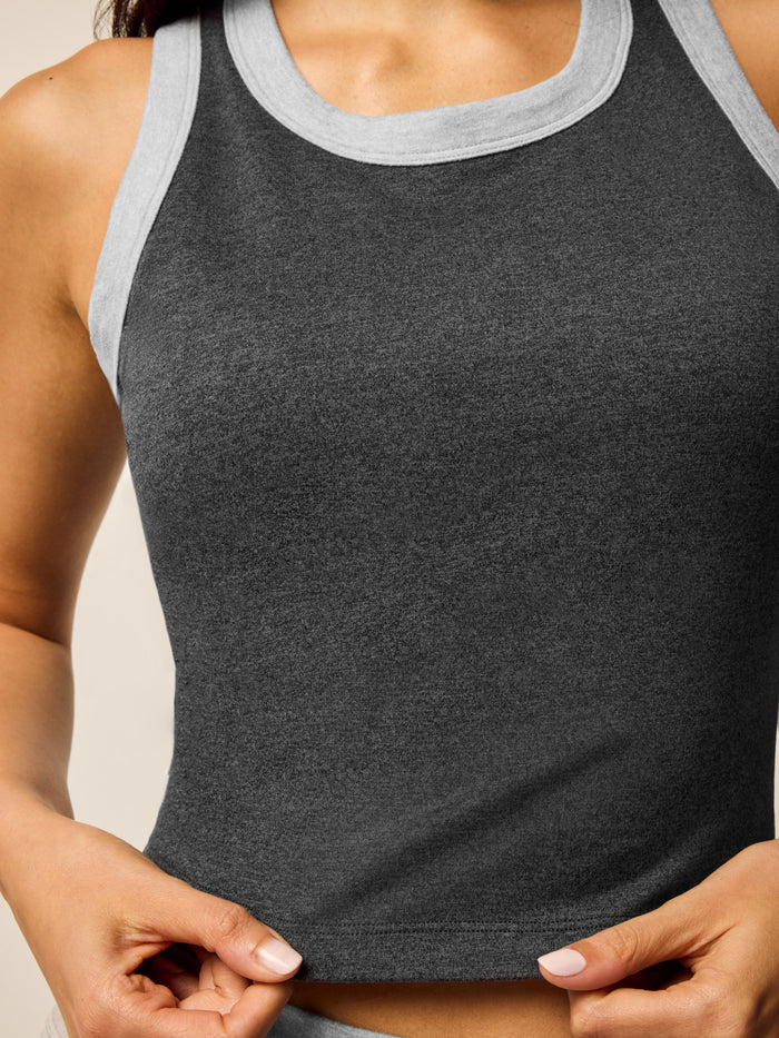 Dark Grey Heather Rhinebeck Two Tone Tank - Close-Up Fabric & High Neckline Detail | Greyson Clothiers