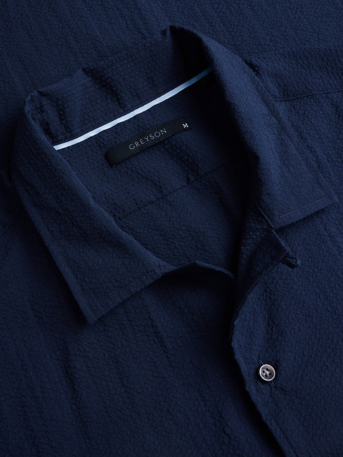 Maltese Blue Seersucker Camp Shirt - Camp Collar & Contrast Tipping Detail | Greyson Clothiers