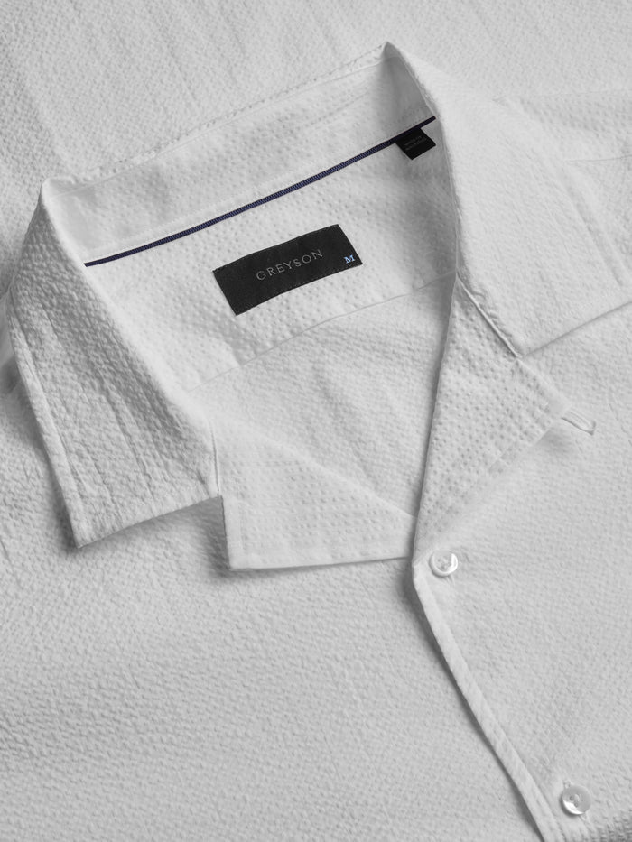 Arctic White Seersucker Camp Shirt - Camp Collar & Contrast Tipping Close-Up | Greyson Clothiers