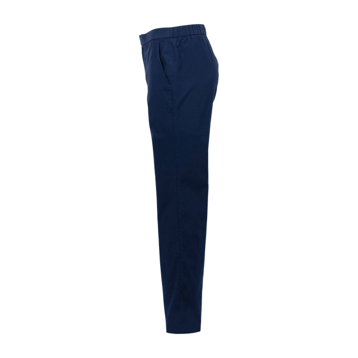 Greyson Clothiers Rhodes Seersucker Pant in Maltese Blue - Side View, Elastic Waistband | Greyson Clothiers