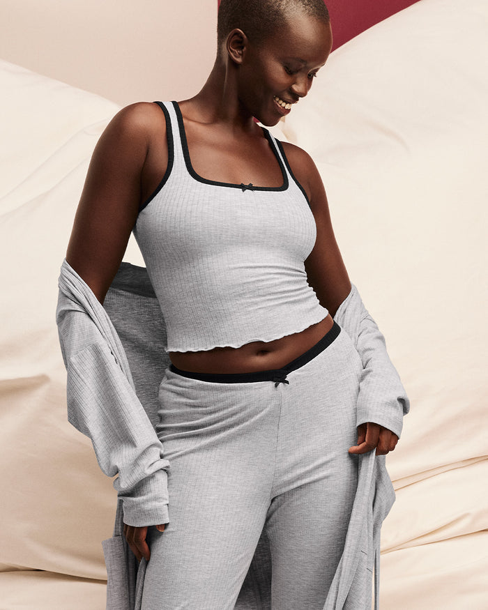 Ribbed Pajama Top with Bow in Cool Gray