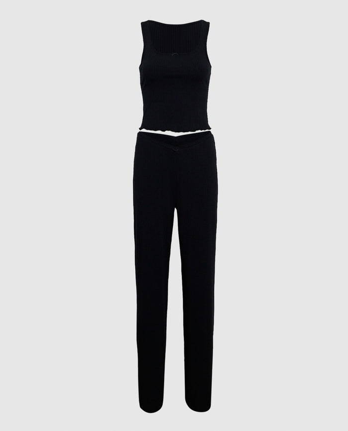 Ribbed Pajama Top with Bow in Smoulder Black