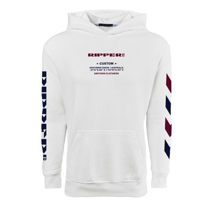 Arctic Ripper GC Aspen Hoodie - Front View, Ripper GC Chest Graphic & Chevron Sleeve Detail | Greyson Clothiers