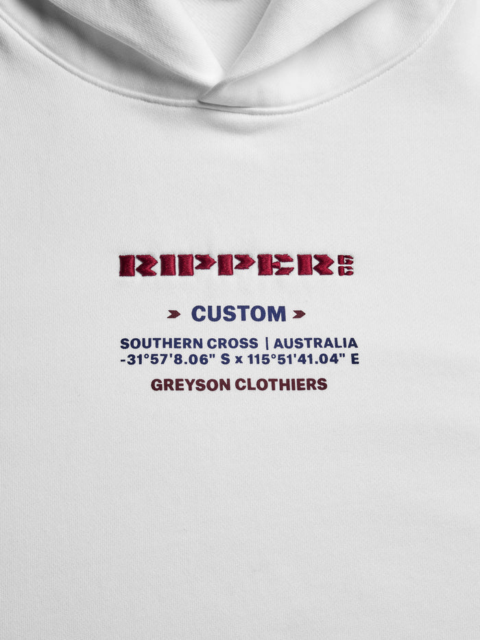 Ripper GC Aspen Hoodie - Chest Graphic Close-Up, Embroidered Ripper GC & Southern Cross Australia Text | Greyson Clothiers