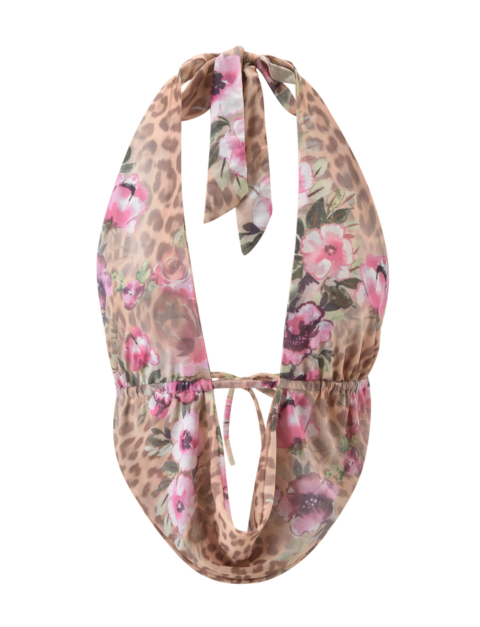 The RISA TOP - LEOPARD FLORAL by TIGERMIST is a mesh halter top with a plunging cowl neckline, neck and back ties, and sheer fabric featuring pink floral and brown leopard prints.